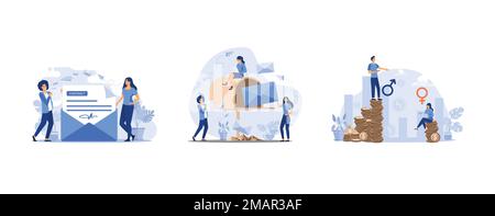 Woman receiving mail and reading letter, Tiny women getting mail from mailbox, Earnings gender discrimination, set flat vector modern illustration Stock Vector