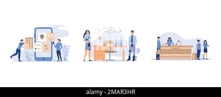 Tiny man ordering products online via smartphone, New employees requiring in office for work , Friendly receptionists from hotel registration desk hel Stock Vector