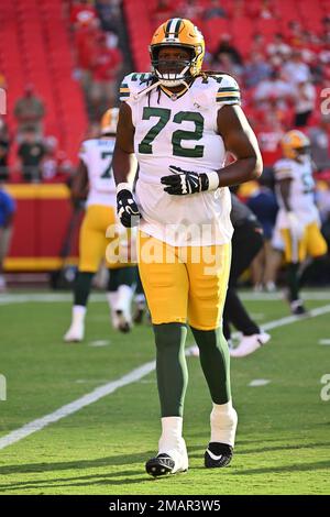 Green Bay Packers offensive tackle Caleb Jones (72) works out before an NFL  pre-season football game against the Kansas City Chiefs Thursday, Aug. 25,  2022, in Kansas City, Mo. (AP Photo/Peter Aiken