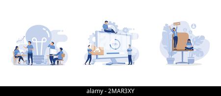 Light bulb and professional company staff working, Tiny programmers upgrading operation system of computer, HR manager looking for worker on vacant pl Stock Vector