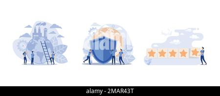 pollution of the planet, planet earth protected, star rating, set flat vector modern illustration Stock Vector
