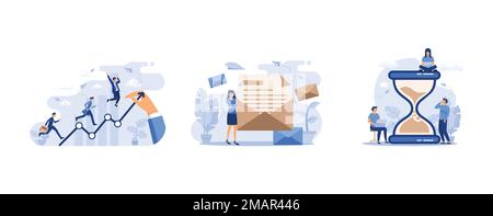 Business people walking up on increase chart line, Cartoon woman holding huge envelope with letter, Tiny people and huge sand glass, set flat vector m Stock Vector