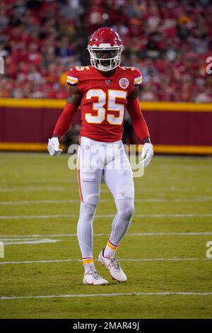 Kansas City, United States. 21st Jan, 2023. Kansas City Chiefs cornerback  Jaylen Watson (35) celebrates after an interception against the  Jacksonville Jaguars in the second half AFC Divisional playoff game at  Arrowhead