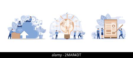 cloud data storage, save energy and planet, little people sign a document, set flat vector modern illustration Stock Vector