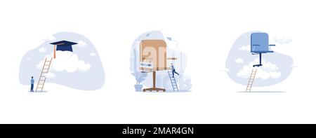 Graduation cap on high cloud with ladder. cost and expense to graduate high degree education, Business hiring and recruiting concept, job position pro Stock Vector