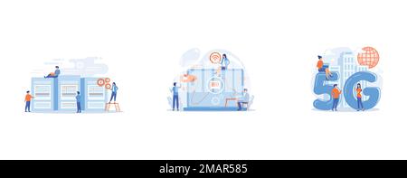 Tiny people data center engineers and administrator working with servers, Businessman at table using laptop with ethernet connection, 5g network, next Stock Vector