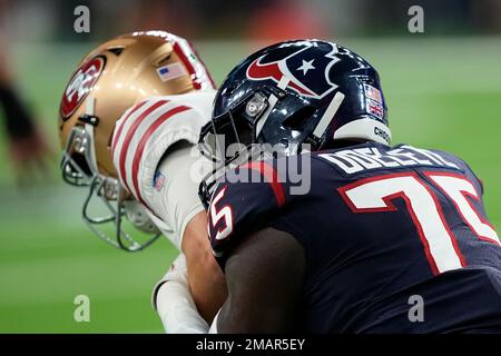 Houston Texans defensive end Adedayo Odeleye (75) gets past San Francisco  49ers offensive lineman Jordan Mills (