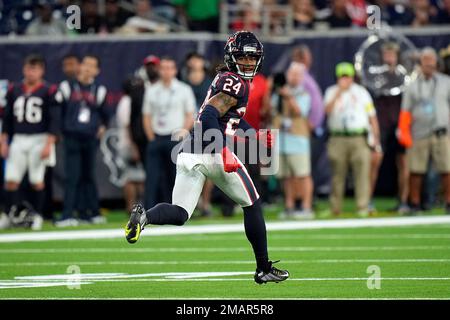 Houston Texans cornerback Derek Stingley Jr. (24) warms up before an NFL  football game against the New York Giants on Sunday, Nov. 13, 2022, in East  Rutherford, N.J. (AP Photo/Adam Hunger Stock