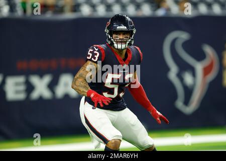 Houston Texans linebacker Blake Cashman (53) looks to defend