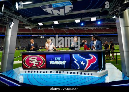 TNF NFL crew, from left, Tony Gonzalez, Charissa Thompson, Ryan