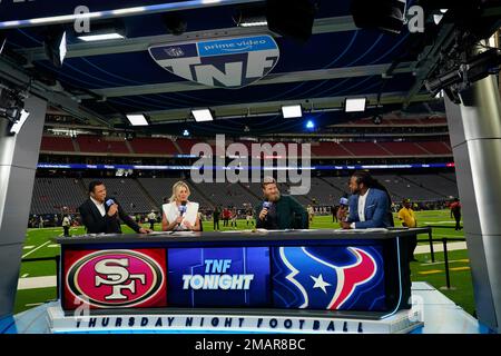 HOUSTON, TX - AUGUST 25:  Thursday Night Football premiered its  football coverage with (left to right) former NFL tight end Tony Gonzalez,  FOX Sports commentator Charissa Thompson, former NFL quarterback Ryan