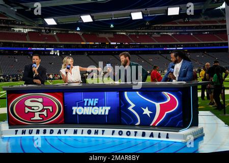 TNF NFL crew, from left, Tony Gonzalez, Charissa Thompson, Ryan Fitzpatrick  and Chris Sherman, before an NFL football game between the Houston Texans  and the San Francisco 49ers, Thursday, Aug. 25, 2022,