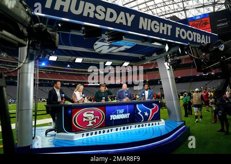 TNF NFL crew, from left, Tony Gonzalez, Charissa Thompson, Ryan Fitzpatrick  and Chris Sherman, before an NFL football game between the Houston Texans  and the San Francisco 49ers, Thursday, Aug. 25, 2022