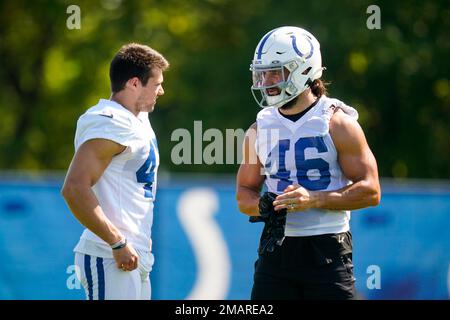 Indianapolis Colts safety Trevor Denbow warms up before practice at NFL  team's football training camp in Westfield, Ind., Saturday, July 29, 2023.  (AP Photo/Michael Conroy Stock Photo - Alamy