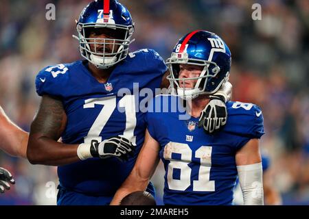 New York Giants tackle Eric Smith during an NFL preseason football game  against the Cincinnati Bengals, Sunday, Aug. 21, 2022 in East Rutherford,  N.J. The Giants won 25-22. (AP Photo/Vera Nieuwenhuis Stock