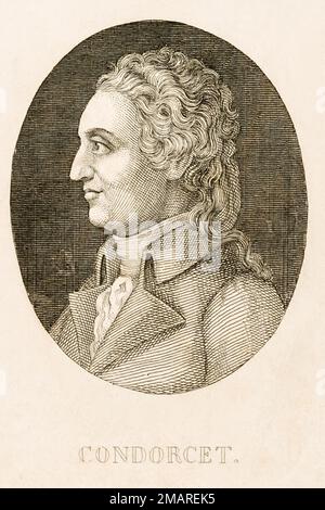 1794 ca. FRANCE : The celebrated french NICOLAS DE CONDORCET ( 1743 - 1794 ), politician , economist , mathematician , writer and philosopher . Unknown engraver .  - SCIENZA - ritratto - portrait - SCRITTORE - FILOSOFO - FILOSOFIA - PHILOSOPHY  - SCIENZIATO - SCIENZA -  SCIENCE - SCIENTIST- HISTORY -  foto storiche  - MATEMATICO - MATEMATICA - MATHEMATIC - MATHEMATICIAN  - mathematics - FRENCH REVOLUTION - RIVOLUZIONE FRANCESE - POLITICA - POLITIC - POLITICO - portrait - ritratto -  illustrazione - illustration - engraving - incisione - colletto - collar  ---  Archivio GBB Stock Photo