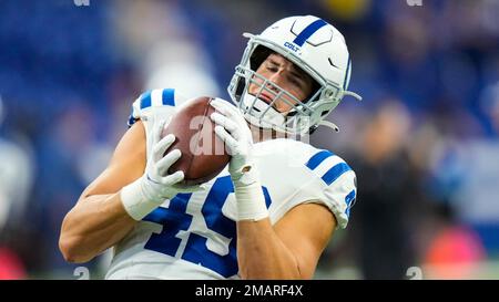 Indianapolis Colts running back D'vonte Price runs on the field during the  second half of a preseason NFL football game against the Buffalo Bills in  Orchard Park, N.Y., Saturday, Aug. 13, 2022. (