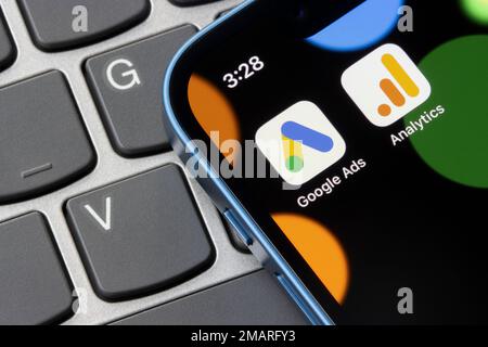 Google Ads and Google Analytics app icons are seen on iPhone. Stock Photo