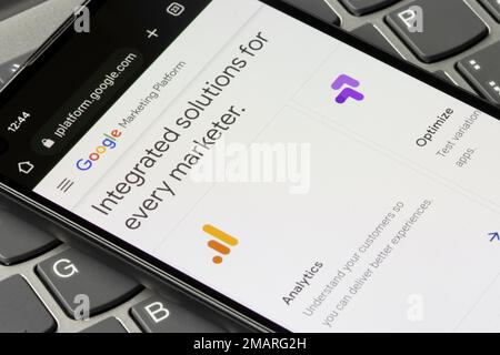 Webpage of Google Marketing Platform is seen on a Google smartphone. Google Marketing Platform is an online advertising and analytics platform. Stock Photo