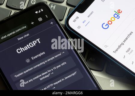 Webpages of ChatGPT, OpenAI's chatbot, and Google are seen on smartphones. A new wave of chatbots like ChatGPT use AI that can reinvent the ... Stock Photo