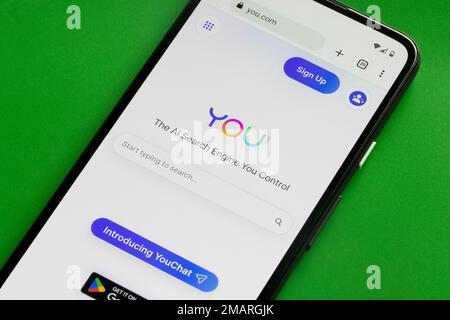 Website homepage of You.com is seen on a Google Pixel smartphone. You.com, a privacy-focused search engine, has launched a ChatGPT-style AI chatbot. Stock Photo