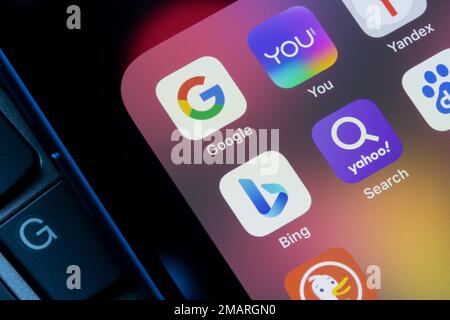 Assorted search engine apps including Google, You.com and Bing are seen on an iPhone. Microsoft plans to use ChatGPT in Bing, and You.com has launched... Stock Photo