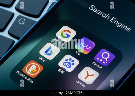 Assorted search engine apps including Google, You.com and Bing are seen on an iPhone. Microsoft plans to use ChatGPT in Bing, and You.com has launched... Stock Photo