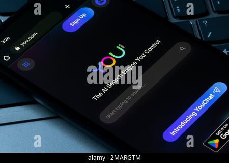 Website homepage of You.com is seen on a Google smartphone. You.com, a privacy-focused search engine, has launched a ChatGPT-style AI chatbot. Stock Photo