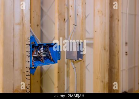 Electrical socket boxes inside frame house with basic electrical wiring ...