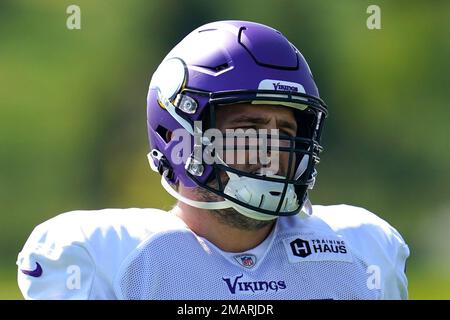 Minnesota Vikings offensive tackle Blake Brandel (64) looks at a