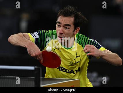 Doha, Qatar. 19th Jan, 2023. Hugo Calderano competes during the men's singles round 16 match between Hugo Calderano of Brazil and Robert Gardos of Austria at WTT contender Doha 2023 in Doha, Qatar, Jan. 19, 2023. Credit: Nikku/Xinhua/Alamy Live News Stock Photo