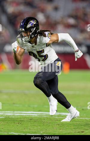 Baltimore Ravens wide receiver Shemar Bridges (85) during the first half of  an NFL preseason football game against the Arizona Cardinals, Sunday, Aug.  21, 2022, in Glendale, Ariz. (AP Photo/Rick Scuteri Stock