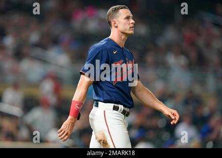 Minnesota Twins' Max Kepler reacts after striking out to end the bottom of  the eighth inning of a baseball game against the Texas Rangers Monday, Aug.  22, 2022, in Minneapolis. (AP Photo/Abbie