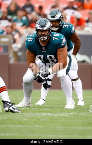 Philadelphia Eagles guard Sua Opeta (78) and Detroit Lions offensive tackle  Drew Forbes (76) walks off the field during an NFL football game, Sunday,  Sept. 11, 2022, in Detroit. (AP Photo/Rick Osentoski