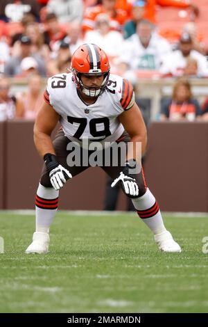 Cleveland Browns offensive guard Drew Forbes (79) lines up during an NFL  preseason football game against