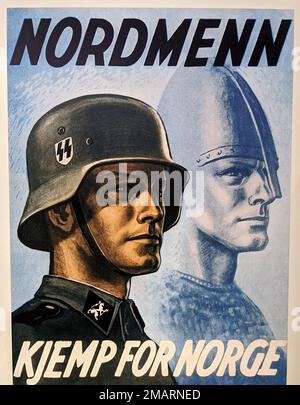 1942, OSLO , NORWAY  : The german Fuhrer dictator  ADOLF HITLER ( 1889 - 1945  ), leader of the Third Reich . Poster propaganda for the NAZIST military enlistment in NORWAY for the WAFFEN SS  Schutzstaffel (  NORDMENN : KJEMP FOR NORGE , Stortingsgata 12 , Oslo ), insisting on the myth of the Nordic and Viking ARYAN RACE SUPERMAN . National Socialist organization, the most important carrier of terror and the policy of extermination of the National Socialist state was the SS . Unknown illustrator .  - WWII - NAZI - NAZIST - NAZISM - NAZISTA - NAZISMO - SECONDA GUERRA MONDIALE - WW2 - WORLD WAR Stock Photo