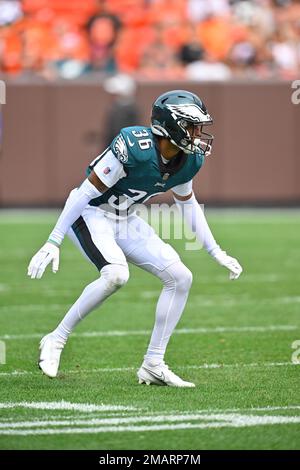 Philadelphia Eagles cornerback Tay Gowan (36) stands on the sideline during  an NFL preseason football game against the Cleveland Browns, Sunday, Aug.  21, 2022, in Cleveland. (AP Photo/Kirk Irwin Stock Photo - Alamy