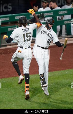 PITTSBURGH, PA - AUGUST 03: Pittsburgh Pirates shortstop Oneil Cruz (15)  reacts after hitting a two-run home run to center field in the seventh  inning of an MLB game against the Milwaukee