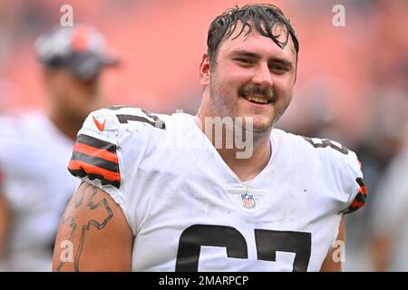 Cleveland Browns offensive tackle Ben Petrula (67) and center Brock Hoffman  (57) block during the second half of a preseason NFL football game against  the Jacksonville Jaguars, Friday, Aug. 12, 2022, in