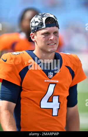 Denver Broncos quarterback Brett Rypien (4) looks to throw against the  Atlanta Falcons during the second half of the Pro Football Hall of Fame NFL  preseason game, Thursday, Aug. 1, 2019, in