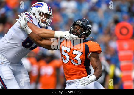 Denver Broncos linebacker Nik Bonitto runs on the field during the first  half of a preseason NFL football game against the Buffalo Bills in Orchard  Park, N.Y., Saturday, Aug. 20, 2022. (AP