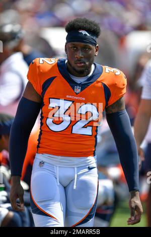 Denver Broncos safety Delarrin Turner-Yell (32) reacts after second quarter  during the NFL football game between Denver Broncos and Jacksonville  Jaguars at Wembley Stadium London, Sunday, Oct. 30, 2022. (AP Photo/Kirsty  Wigglesworth