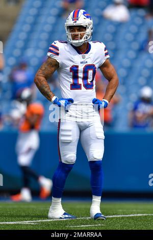 Buffalo Bills wide receiver Khalil Shakir (10) looks on during pre-game  warm-ups before a NFL football game against the Baltimore Ravens, Sunday,  Oct. 2, 2022, in Baltimore. (AP Photo/Terrance Williams Stock Photo 