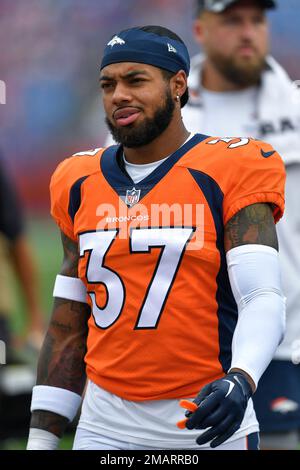 Denver Broncos safety P.J. Locke (37) lines up during the first half of an  NFL football game against the Kansas City Chiefs, Sunday, Oct.. 25, 2020,  in Denver. (AP Photo/Justin Edmonds Stock