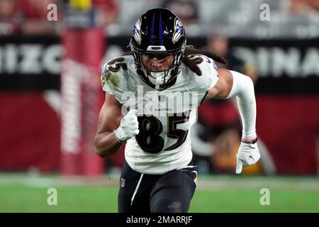 Wide receiver (85) Shemar Bridges of the Baltimore Ravens warms up before  playing against the Arizona Cardinals in an NFL preseason football game,  Sunday, Aug. 21, 2022, in Glendale, Ariz.(AP Photo/Jeff Lewis