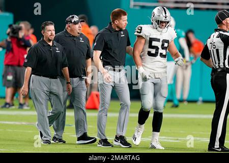 Las Vegas Raiders linebacker Luke Masterson (59) lines up against the  Indianapolis Colts during the first half of an NFL football game, Sunday, Nov  13, 2022, in Las Vegas. (AP Photo/Rick Scuteri