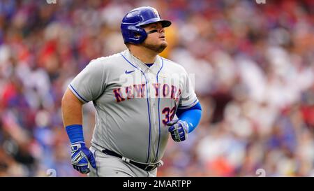 New York Mets' Daniel Vogelbach during the third inning of the first  baseball game of a doubleheader against the Atlanta Braves at Citi Field,  Monday, May 1, 2023, in New York. (AP
