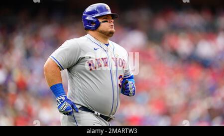 New York Mets' Daniel Vogelbach during the third inning of the first  baseball game of a doubleheader against the Atlanta Braves at Citi Field,  Monday, May 1, 2023, in New York. (AP