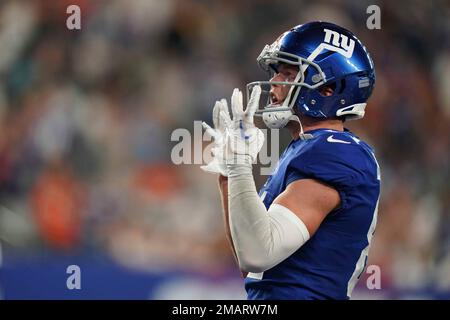 New York Giants wide receiver Alex Bachman (81) celebrates after scoring a  touchdown during an NFL preseason football game against the Cincinnati  Bengals, Sunday, Aug. 21, 2022 in East Rutherford, N.J. The