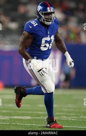 New York Giants offensive tackle Roy Mbaeteka (61) during an NFL preseason  football game against the Cincinnati Bengals, Sunday, Aug. 21, 2022 in East  Rutherford, N.J. The Giants won 25-22. (AP Photo/Vera